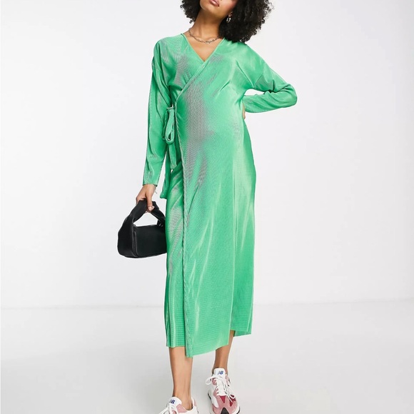 Topshop Maternity Dress Plisse Wrap Dress In green Two Toned Size S - Picture 3 of 10